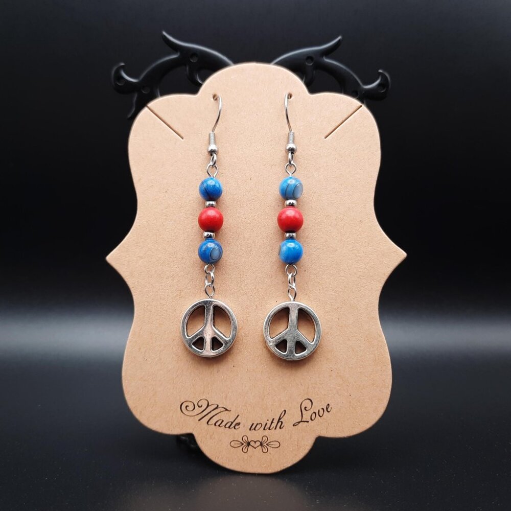 Peace Sign Red & Blue Stone USA July 4th Dangle Drop Earrings Handmade Jewelry